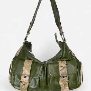 Y2K Olive Green Genuine Leather Hobo Bag w/ Snake-print Accents